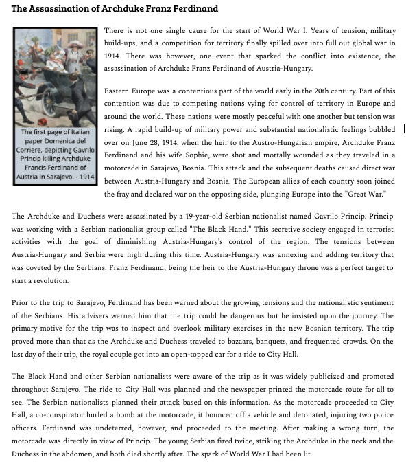 The Assassination of Archduke Franz Ferdinand Reading and Worksheet