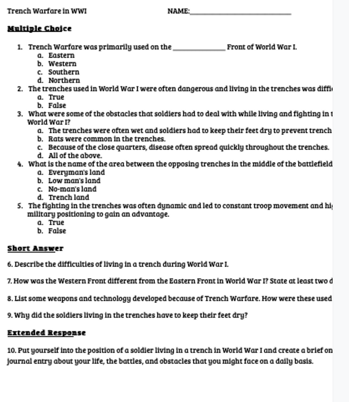 World War I Readings and Worksheets