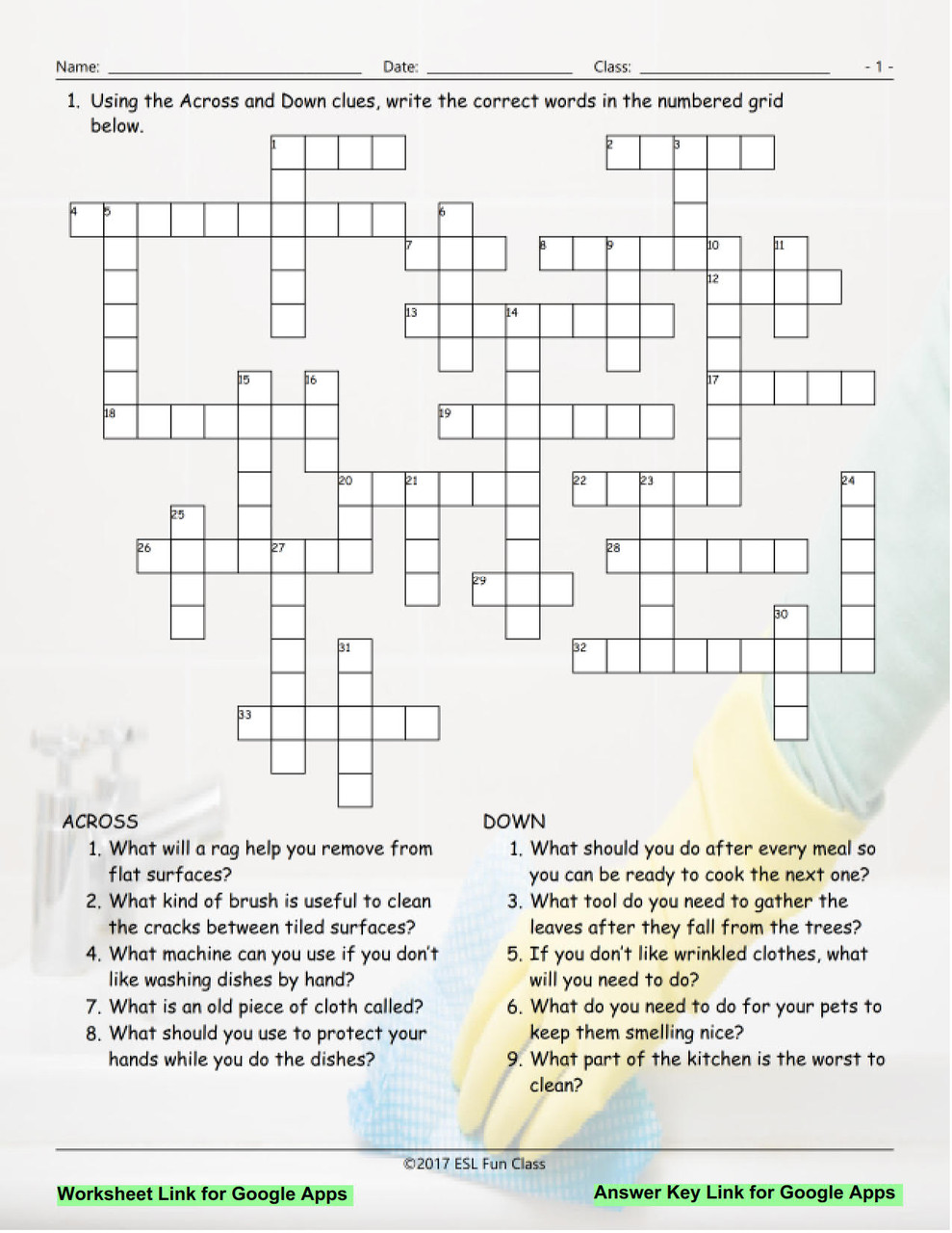 Household Chores Cleaning Supplies Interactive Crossword Puzzle for