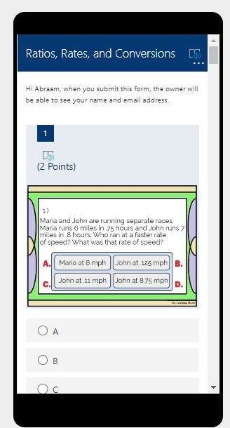 Using the Distance Formula: Microsoft OneDrive Forms Quiz - 20 Problems