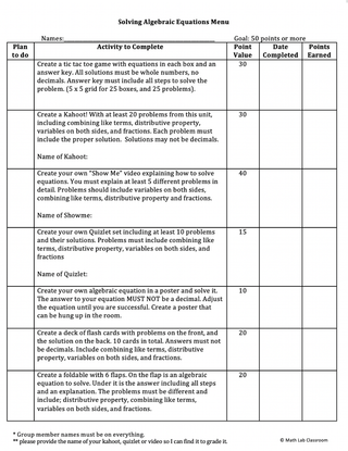 Solving Equations Menu Project