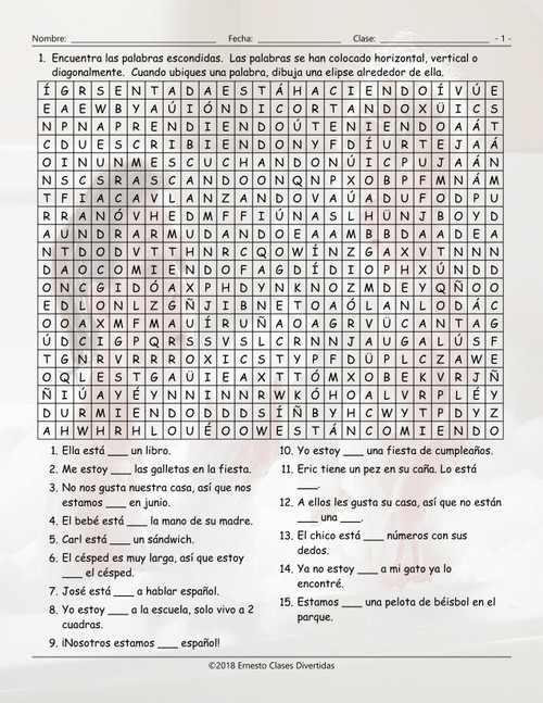 Present Continuous Tense Spanish Word Search Worksheet - Amped Up Learning