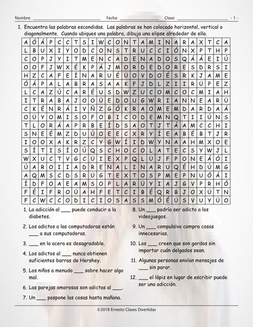 Bad Habits and Addictions Spanish Word Search Worksheet
