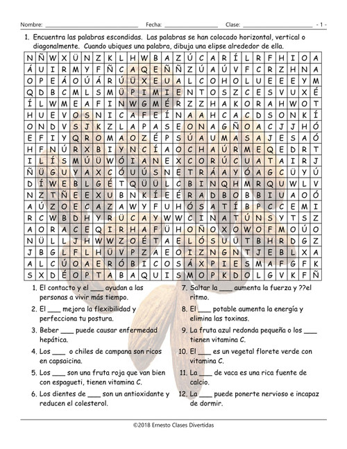 Healthy Lifestyle and Nutrition Spanish Word Search Worksheet