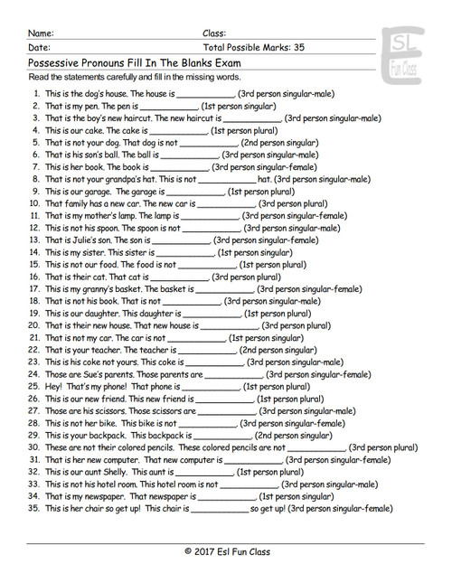 Possessive Pronouns Fill In The Blanks Exam