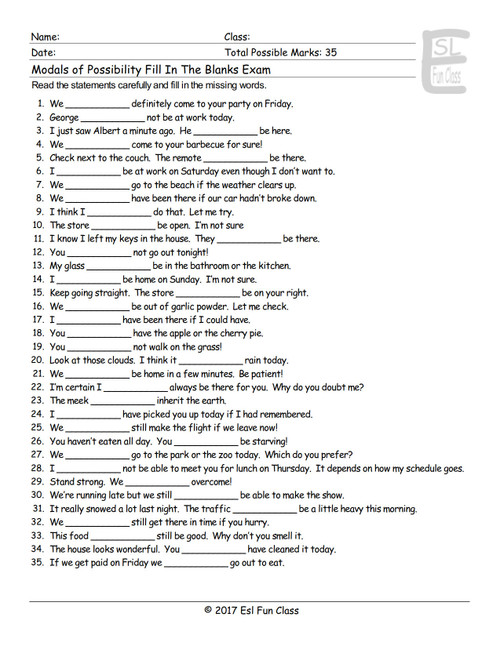 Possibility Modals Fill In The Blanks Exam