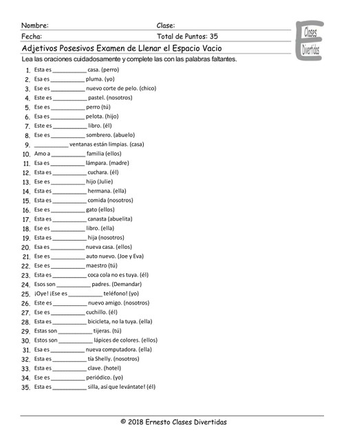 Possessive Adjectives Spanish Fill In The Blanks Exam