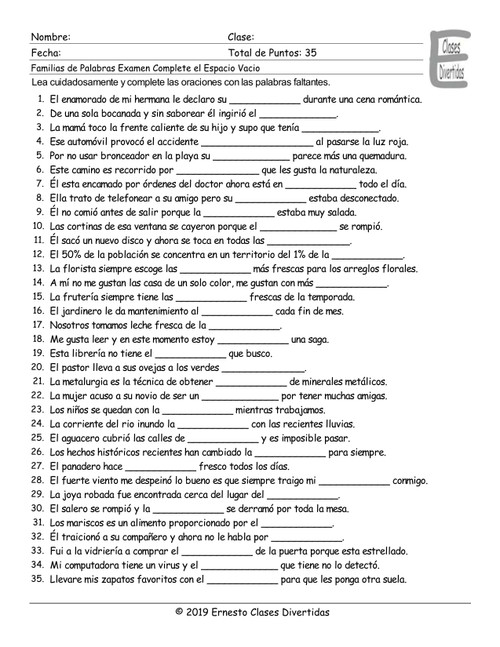 Word Families Spanish Fill In The Blanks Exam