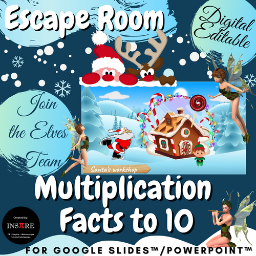 Christmas Winter DIGITAL Math Escape Room - Multiplication Facts to 10 EDITABLE