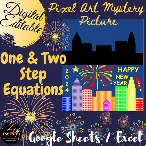 New Year's 2024 One & Two Step Equations Math Pixel Art Mystery Picture EDITABLE