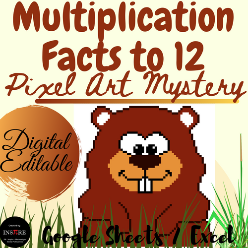 Multiplication Facts to 12 - Groundhog Day Activity - Pixel Art Mystery EDITABLE