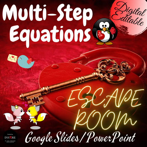 Valentine's Day DIGITAL Math Escape Room - Solving Multi Step Equations EDITABLE