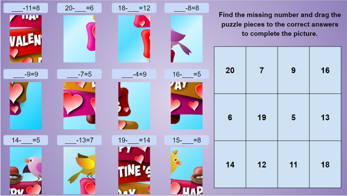 Valentines Day Math Puzzles Missing Addends, Subtrahend, Minuend to 20 EDITABLE