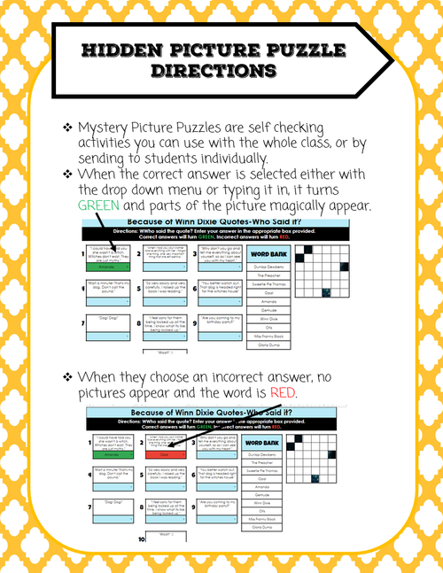 Hidden Mystery Picture Puzzles: Because of Winn Dixie Edition Comprehension Puzzle