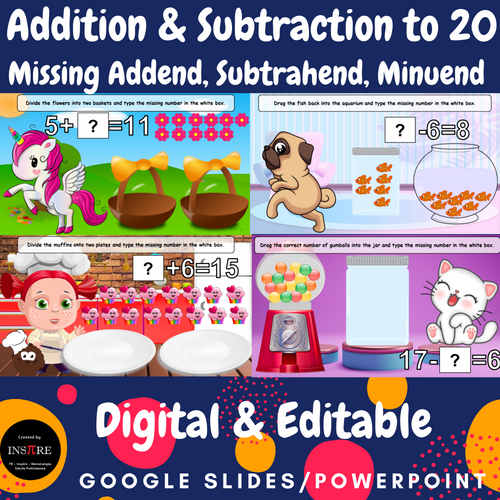 Missing Addends, Subtrahend, Minuend Addition Subtraction to 20 DIGITAL EDITABLE