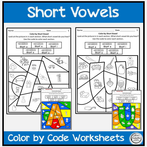 color by code worksheets with picture cards cvc short vowel