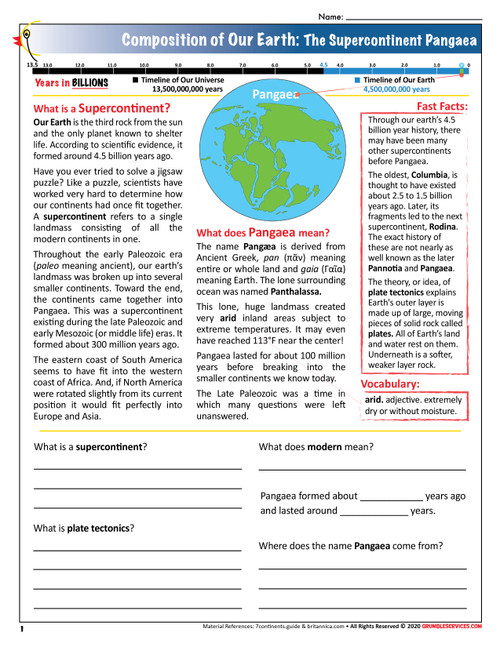 Pangea (Pangaea) Supercontinent: Earth Plate Tectonics Montessori Geography - SEMiPRO Montessori-inspired printable Earth Science help (2 pages + key)