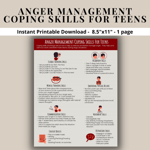 Anger Management Coping Skills For Teens Printable Poster - Managing Anger Handout - Teen Calming Skills Calm Down Strategies