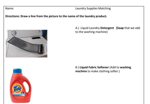 Life Skill Laundry Supplies Matching Worksheet - With Pictures