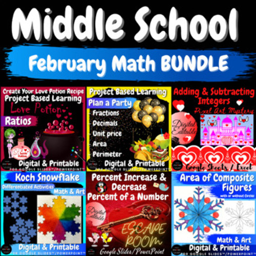February Valentine’s Day Math Bundle Project PBL Escape Room Pixel Art Mystery