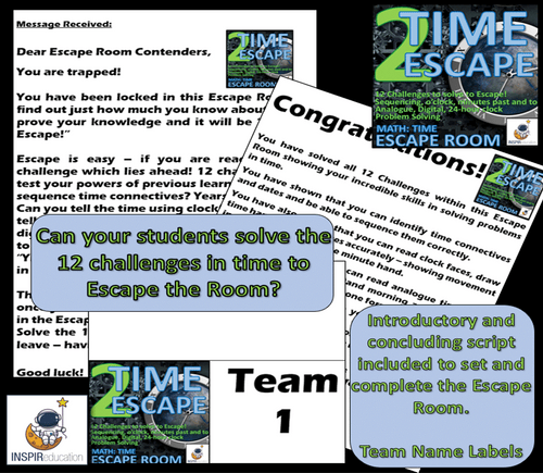 MATH ESCAPE ROOM: TIME Analogue, digital, 24-hour clock, problem solving (12 Challenges, Answer Key)