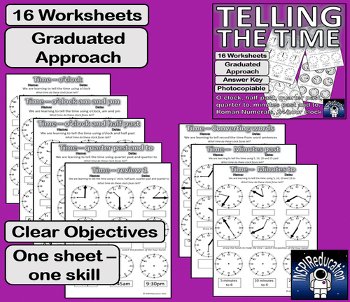 MATH: TIME PROBLEM SOLVING, reading clock faces, 16 Worksheets, Answer Key, Growing Complexity