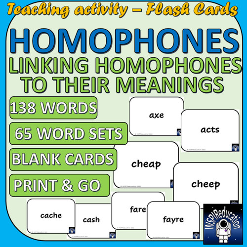 ELA HOMOPHONE FLASHCARDS 138 Words, 65 pairs/triads of homophones, Print and Go Amped Up Learning