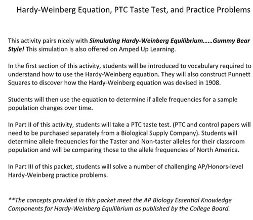 Hardy-Weinberg Equation, PTC Taste Test, and Practice Problems Bundle