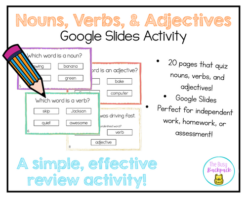 Parts of Speech Nouns, Verbs, Adjectives Google Slides Activity