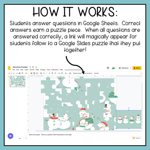 Snowman - Winter - Christmas - Holiday - Self-Grading Self-Checking Puzzled Template for Google Sheets