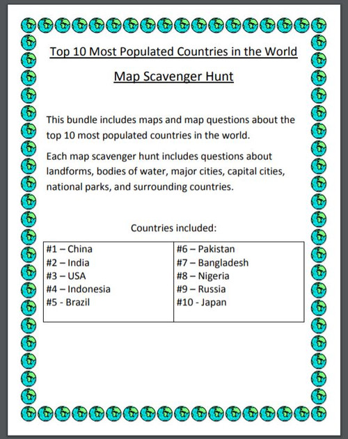 Top 10 Most Populated Countries in the World Map Scavenger Hunt