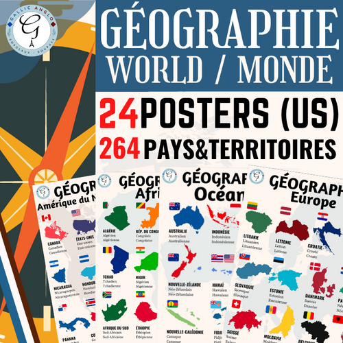 FRENCH Geography world countries and territories posters decor (US LETTER)
