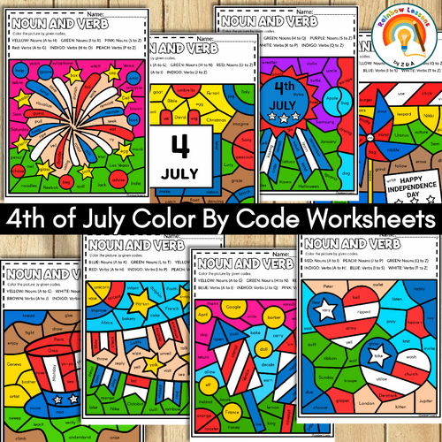 4th of July Color By Code | 4th of July Coloring Pages | Noun and Verb Sort