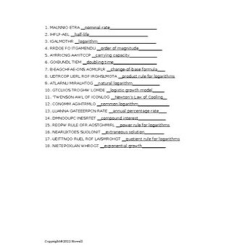 Exponential and Logarithmic Functions in College Algebra Vocab. Word Scramble