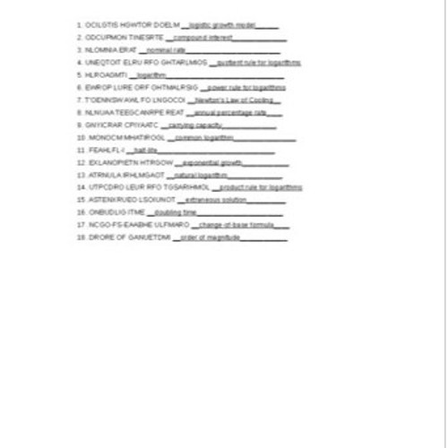 Exponential and Logarithmic Functions in Algebra and Trigonometry Word Scramble