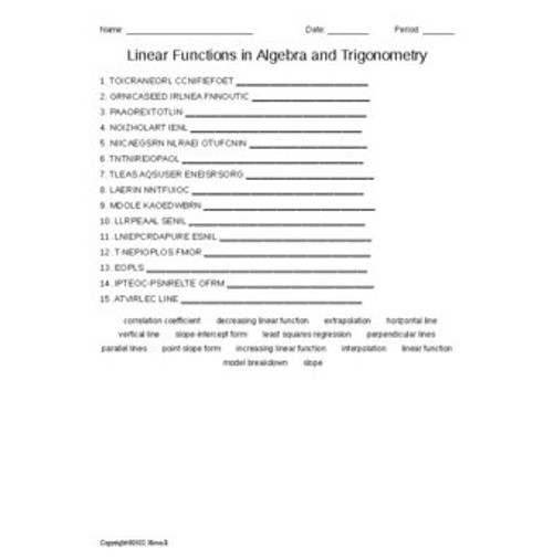 Linear Functions in Algebra and Trigonometry Vocabulary Word Scramble