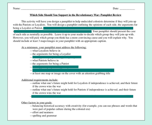 Revolutionary War Pamphlet Activity