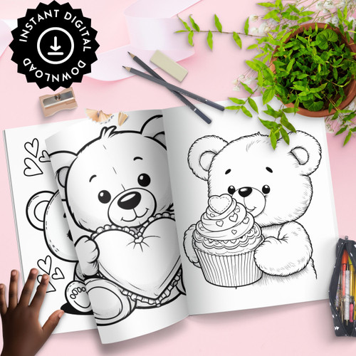 Valentine Bear Coloring Pages, Kids and Adults Easy to Challenging Designs, Cute Bears, Valentine Sweet Treats