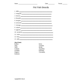 Pet Fish Breeds Word Scramble Amped Up Learning