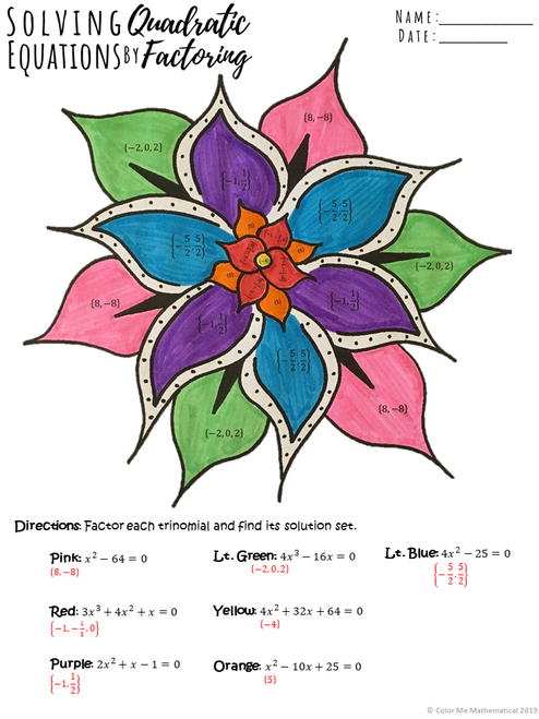 Solving Quadratic Equations Color by Number Worksheets ...