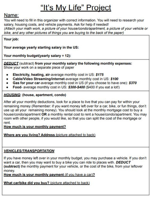 "It's My Life" Math Project