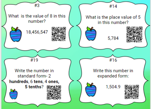 28 Whole Number & Decimal Task Cards-Standard, Word, Expanded Values w/QR Codes