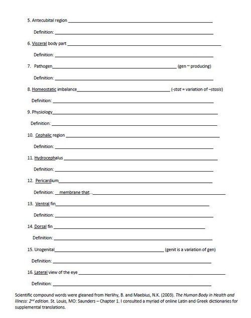 Latin Root Word Worksheet Set for Unit One Human Anatomy & Physiology