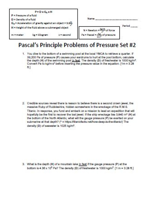 Pascal's Principle Problems of Pressure Set #2