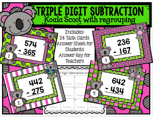 Triple Digit Subtraction Koala Scoot Task Cards