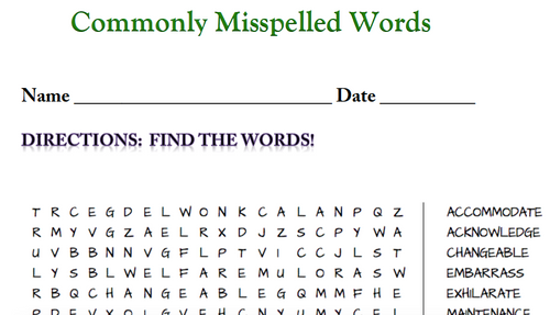Commonly Misspelled Words (WORD SEARCH)