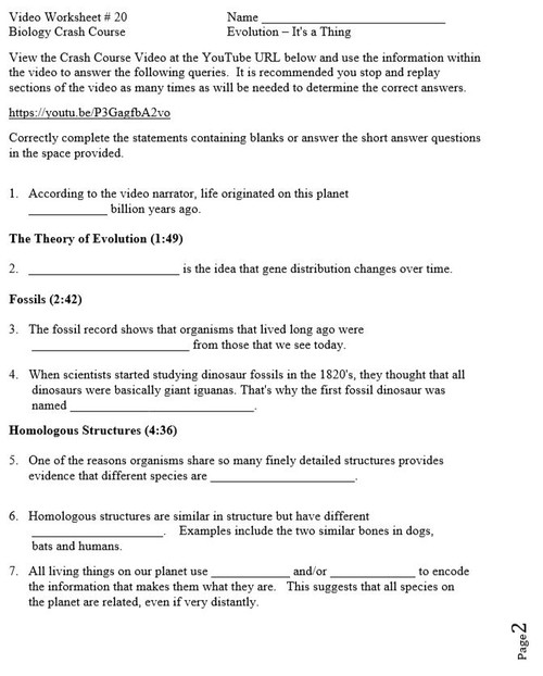 Crash Course Biology Video Worksheet 21 Comparative Anatomy ...