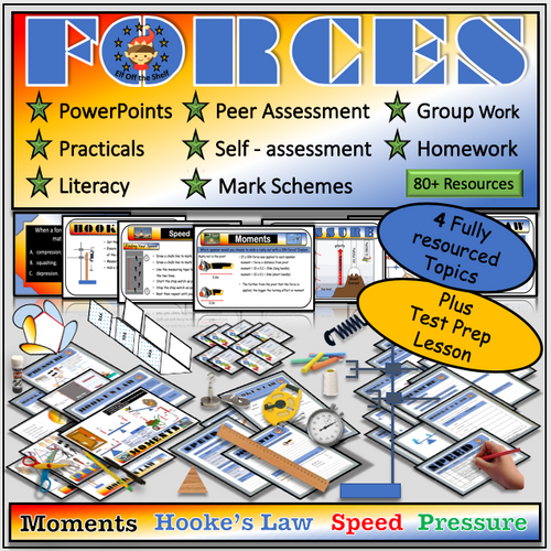 Forces - Module on Pressure, Moments, Speed & Hooke's Law Plus Test Prep for Middle School Science