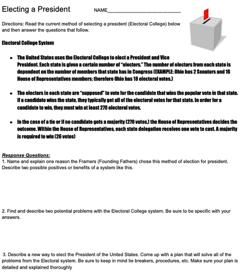 Electoral College Worksheet