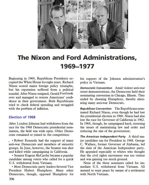 American Gov. / US History - The Nixon and Ford Administration, 1969-1977